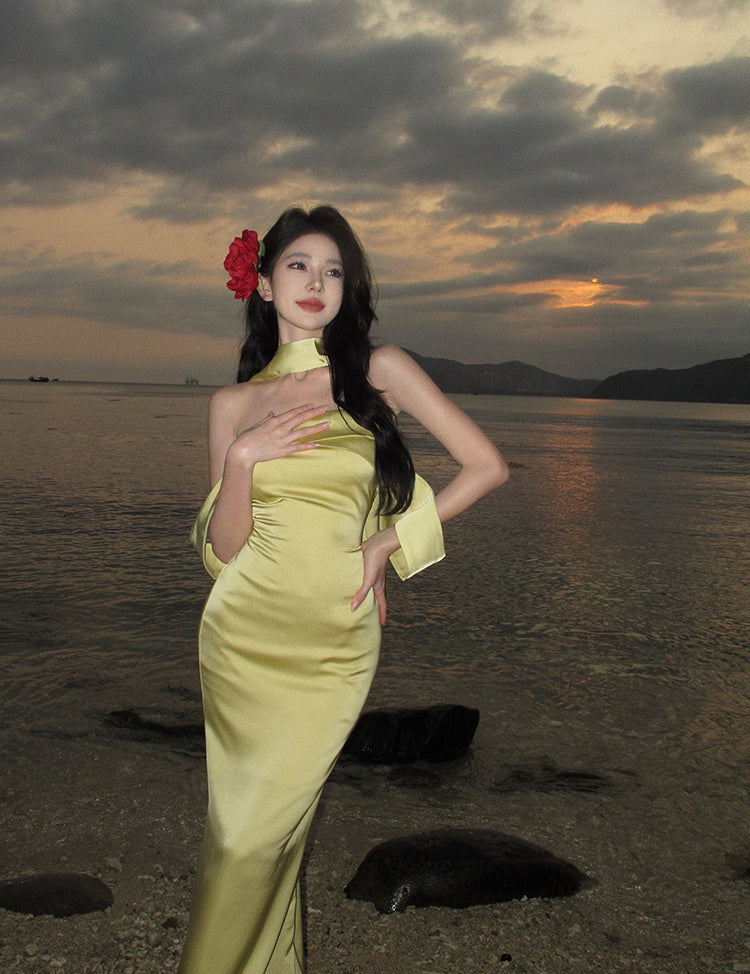 Elegante vestido de fiesta de satén amarillo con hombros descubiertos y corte sirena para verano, ideal para cumpleaños número 22 y cumpleaños número 18, DH1048