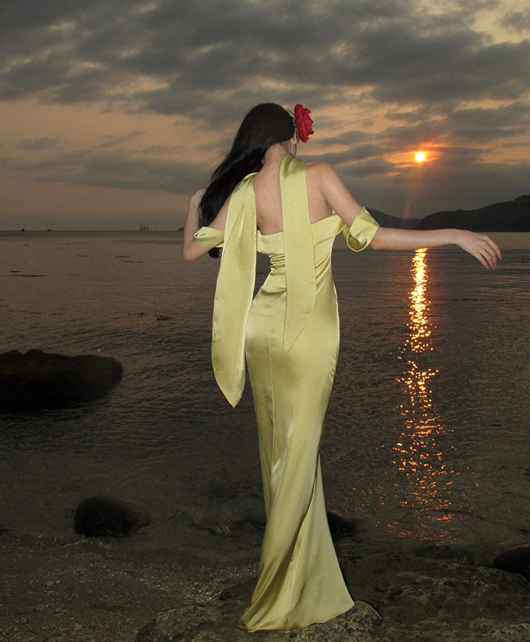 Elegante vestido de fiesta de satén amarillo con hombros descubiertos y corte sirena para verano, ideal para cumpleaños número 22 y cumpleaños número 18, DH1048