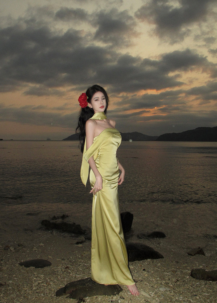 Elegante vestido de fiesta de satén amarillo con hombros descubiertos y corte sirena para verano, ideal para cumpleaños número 22 y cumpleaños número 18, DH1048