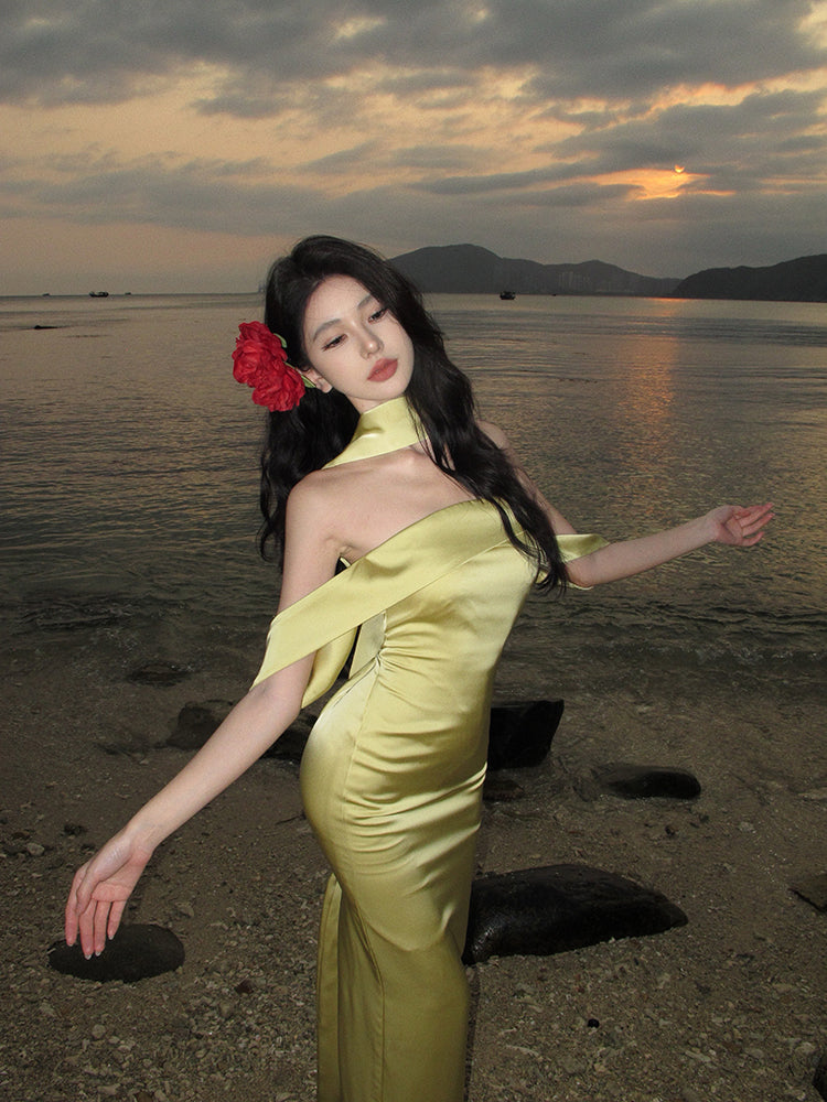 Elegante vestido de fiesta de satén amarillo con hombros descubiertos y corte sirena para verano, ideal para cumpleaños número 22 y cumpleaños número 18, DH1048