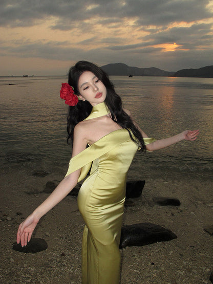 Elegante vestido de fiesta de satén amarillo con hombros descubiertos y corte sirena para verano, ideal para cumpleaños número 22 y cumpleaños número 18, DH1048