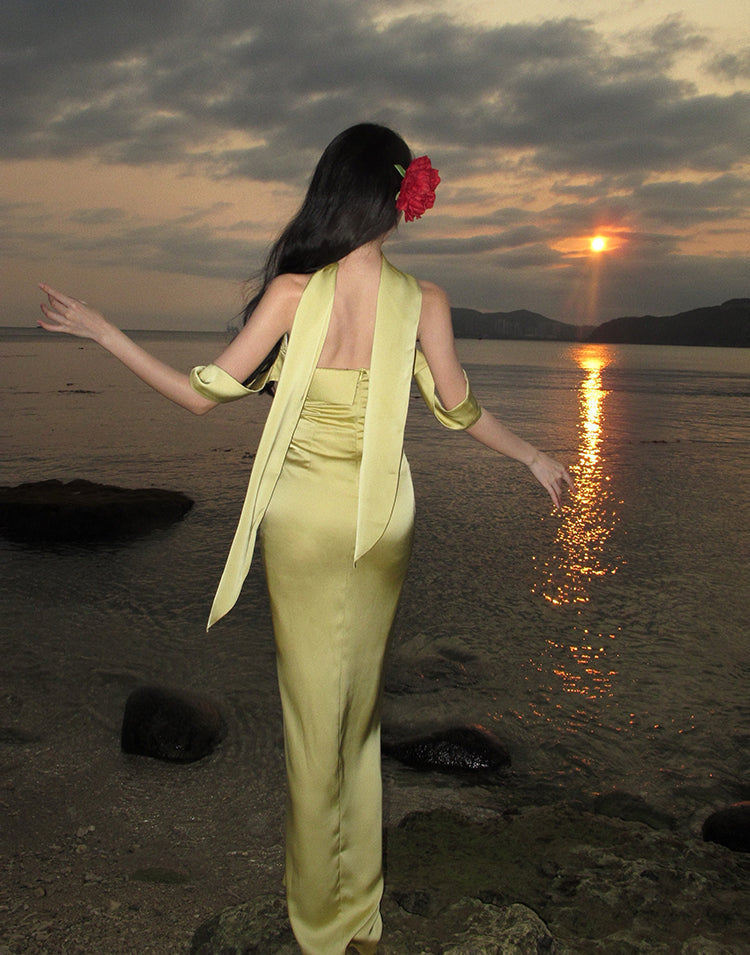 Elegante vestido de fiesta de satén amarillo con hombros descubiertos y corte sirena para verano, ideal para cumpleaños número 22 y cumpleaños número 18, DH1048