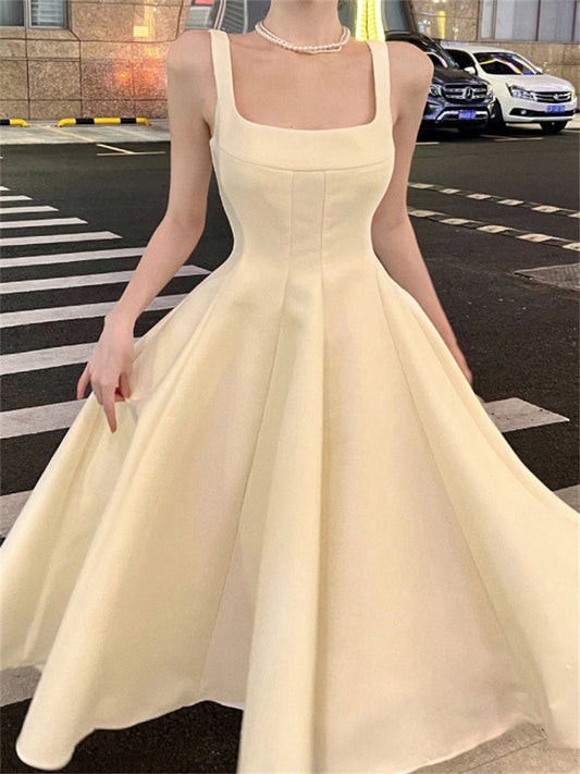 Elegante vestido de fiesta de satén con escote cuadrado y corte en A para verano, ideal para cumpleaños número 22 y cumpleaños número 18, DH1049