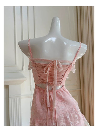Vestidos de fiesta de verano para octavo grado, con tirantes finos, de encaje rosa, para escuela secundaria, DH104