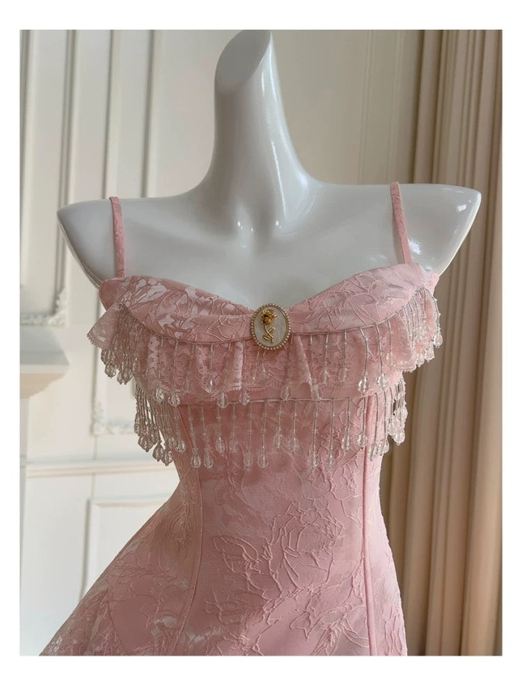 Vestidos de fiesta de verano para octavo grado, con tirantes finos, de encaje rosa, para escuela secundaria, DH104