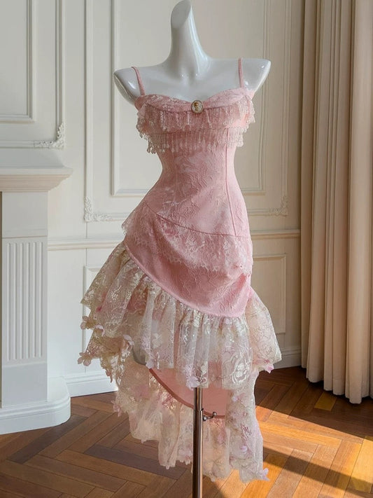 Vestidos de fiesta de verano para octavo grado, con tirantes finos, de encaje rosa, para escuela secundaria, DH104