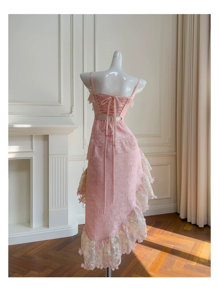 Vestidos de fiesta de verano para octavo grado, con tirantes finos, de encaje rosa, para escuela secundaria, DH104