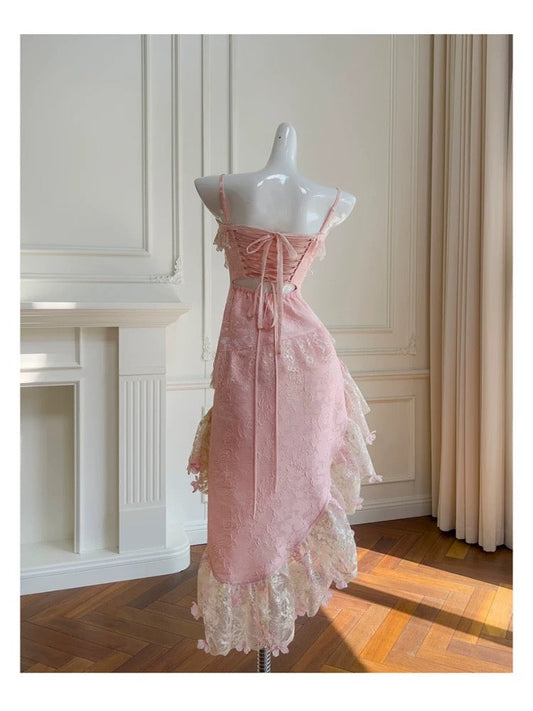 Vestidos de fiesta de verano para octavo grado, con tirantes finos, de encaje rosa, para escuela secundaria, DH104