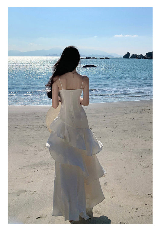 Elegante vestido de fiesta largo de satén blanco con tirantes finos y corte sirena, ideal para celebrar el 22.º cumpleaños o el 18.º cumpleaños, DH1051
