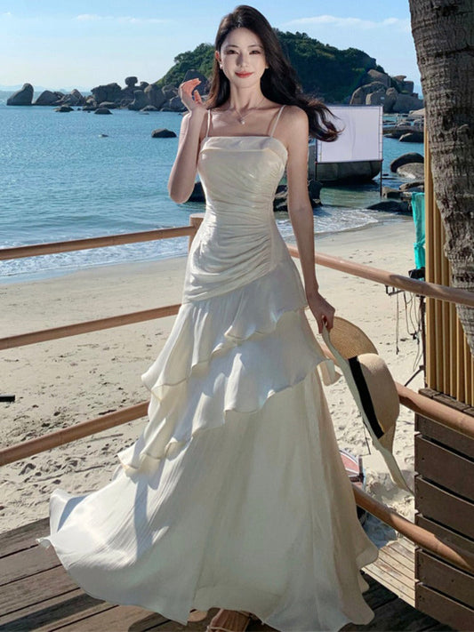 Elegante vestido de fiesta largo de satén blanco con tirantes finos y corte sirena, ideal para celebrar el 22.º cumpleaños o el 18.º cumpleaños, DH1051