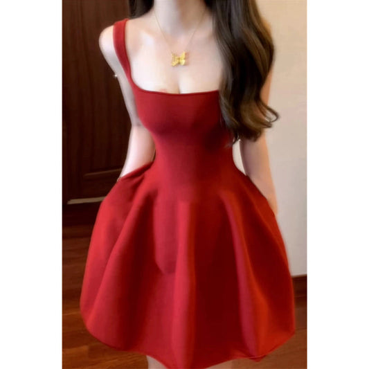 Lindos vestidos de fiesta cortos de satén rojo, de corte A y cuadrados, para octavo grado, de verano, para escuela secundaria, DH1053