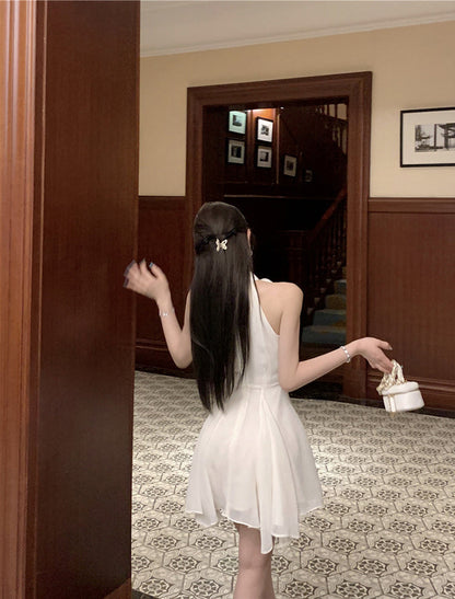 Vestido corto de gasa blanca con cuello halter, sexy, de corte A, para fiesta de 8.º grado, de verano, para escuela secundaria, traje de fiesta, atuendo de cumpleaños DH1054
