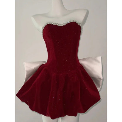 Vestido de fiesta corto de terciopelo burdeos con escote corazón para octavo grado, vestido de verano para escuela secundaria, DH1055