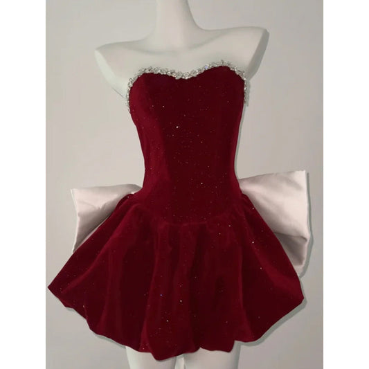 Vestido de fiesta corto de terciopelo burdeos con escote corazón para octavo grado, vestido de verano para escuela secundaria, DH1055