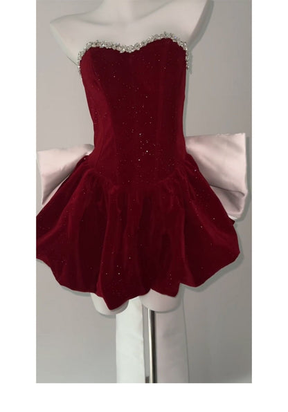 Vestido de fiesta corto de terciopelo burdeos con escote corazón para octavo grado, vestido de verano para escuela secundaria, DH1055