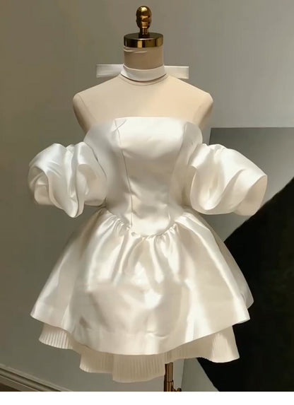Hermoso vestido de fiesta corto de satén blanco con hombros descubiertos para octavo grado, vestido de fiesta de verano para escuela secundaria, atuendos de cumpleaños DH1060