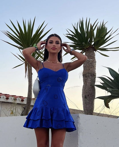 Vestido corto azul rey con tirantes finos, corte A, para fiesta de 8.º grado, de verano, para escuela secundaria, para 18.º cumpleaños, DH1061
