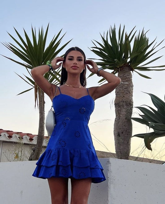 Vestido corto azul rey con tirantes finos, corte A, para fiesta de 8.º grado, de verano, para escuela secundaria, para 18.º cumpleaños, DH1061
