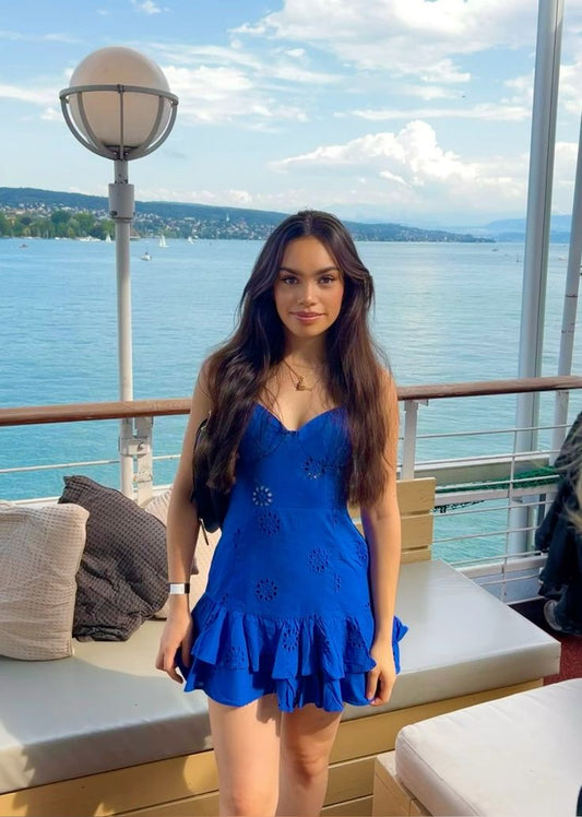 Vestido corto azul rey con tirantes finos, corte A, para fiesta de 8.º grado, de verano, para escuela secundaria, para 18.º cumpleaños, DH1061
