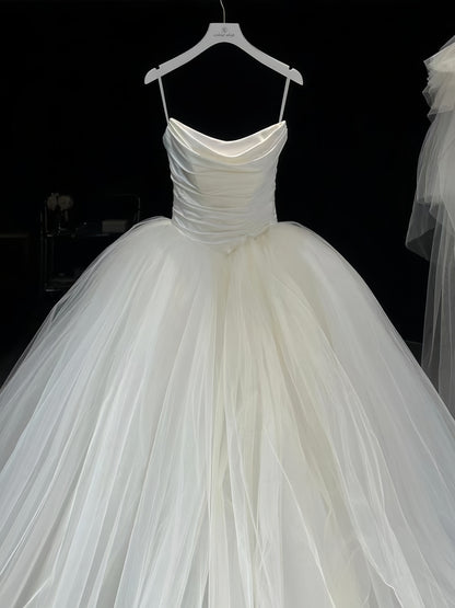 Hermoso vestido de novia, vestido de fiesta, sin tirantes, de tul, largo, de satén, blanco, DH106