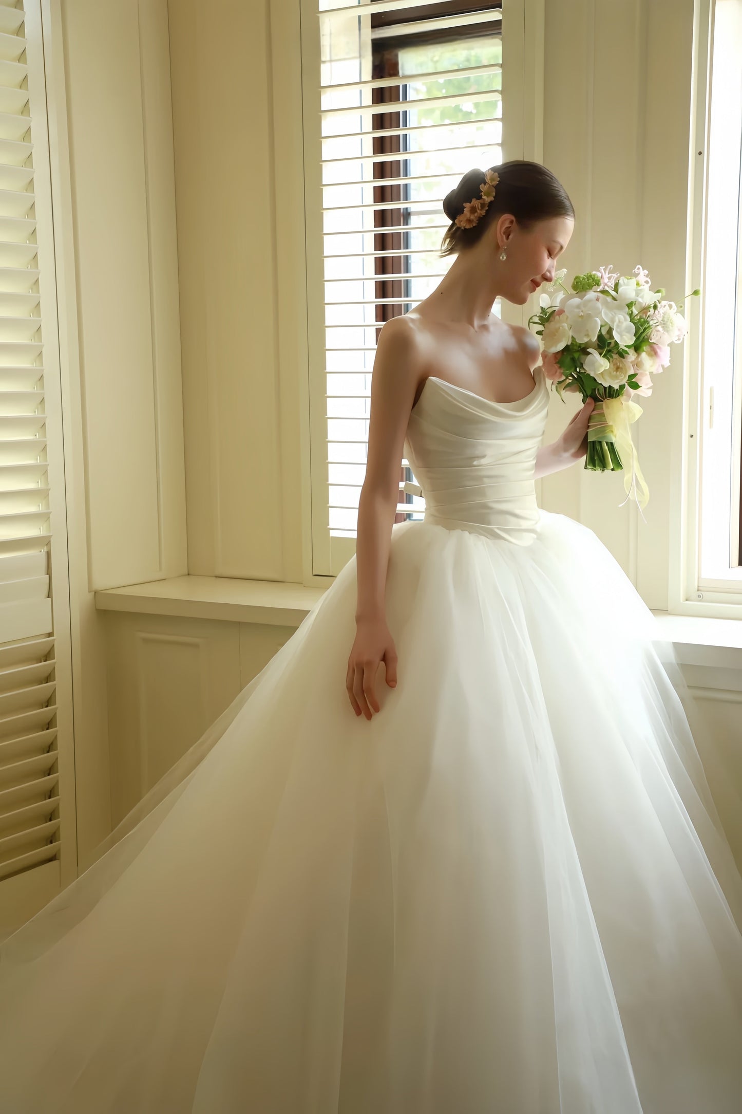 Hermoso vestido de novia, vestido de fiesta, sin tirantes, de tul, largo, de satén, blanco, DH106