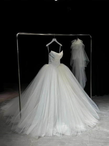 Hermoso vestido de novia, vestido de fiesta, sin tirantes, de tul, largo, de satén, blanco, DH106