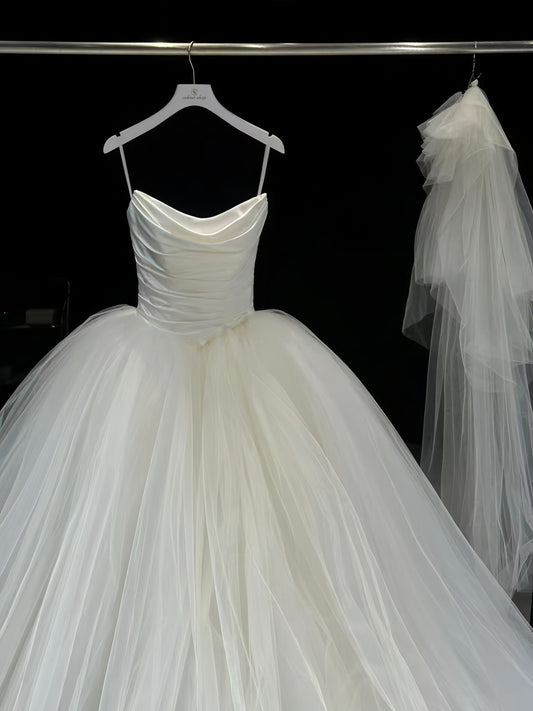 Hermoso vestido de novia, vestido de fiesta, sin tirantes, de tul, largo, de satén, blanco, DH106