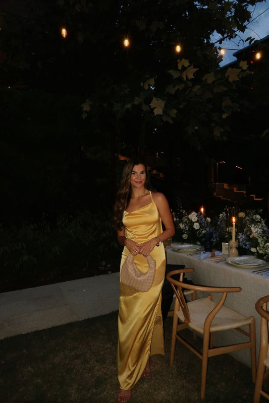 Vestido largo de fiesta vintage con cuello halter, de satén amarillo, para verano, para 22.º cumpleaños, DH1070