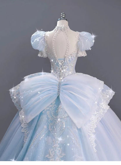 Romantic Bridal Gown Ball Gown High Neck Blue Lace Long Wedding Dresses Minimalist Bridal Gowns DH107
