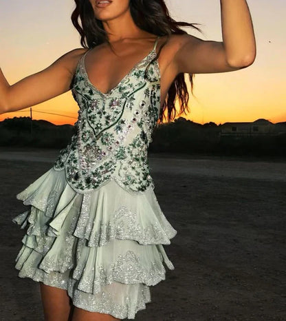 Vestido de fiesta vintage con bordado de cuentas, corte A, espalda descubierta, corto, para cóctel, TP4614