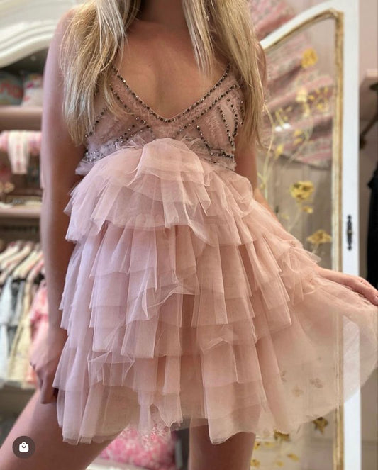 Cute A line Spaghetti Straps Pink Tulle Blush Pink Mini Short Formal 8th Grade Homecoming Dresses Summer Middle School Hoco Dress Homecoming Outfits 20th Birthday Outfit DH1083