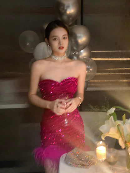 Cute Sheath Sweetheart Dragon Fruit Color Sequin Mini Short Formal 8th Grade Homecoming Dresses Summer Middle School Hoco Dress Homecoming Outfits DH1090