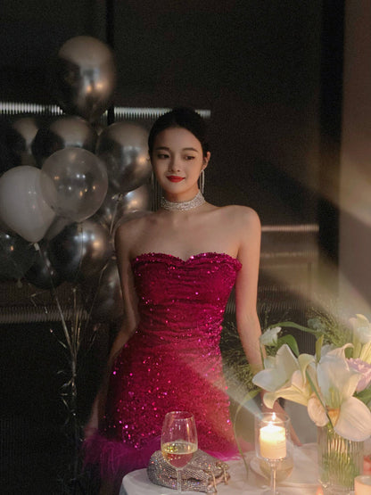 Cute Sheath Sweetheart Dragon Fruit Color Sequin Mini Short Formal 8th Grade Homecoming Dresses Summer Middle School Hoco Dress Homecoming Outfits DH1090