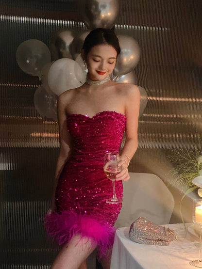 Cute Sheath Sweetheart Dragon Fruit Color Sequin Mini Short Formal 8th Grade Homecoming Dresses Summer Middle School Hoco Dress Homecoming Outfits DH1090