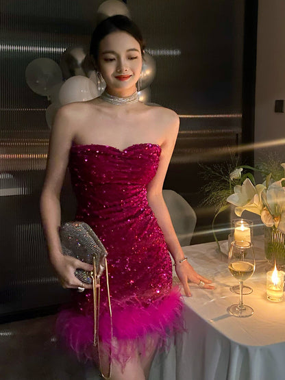 Cute Sheath Sweetheart Dragon Fruit Color Sequin Mini Short Formal 8th Grade Homecoming Dresses Summer Middle School Hoco Dress Homecoming Outfits DH1090