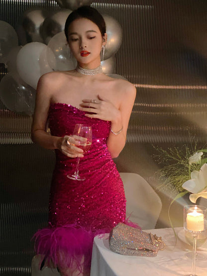 Cute Sheath Sweetheart Dragon Fruit Color Sequin Mini Short Formal 8th Grade Homecoming Dresses Summer Middle School Hoco Dress Homecoming Outfits DH1090