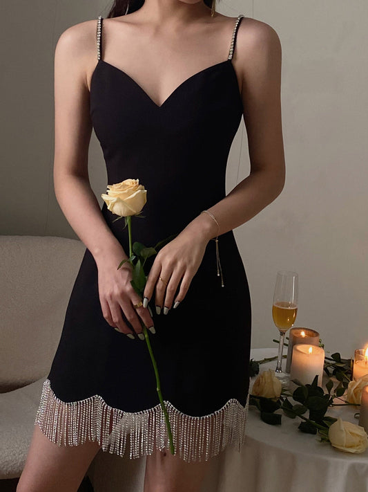 Vestido corto de satén negro con tirantes finos, sexy, para fiesta de 8.º grado, de verano, para escuela secundaria, DH1093