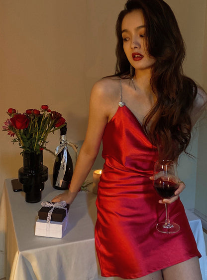 Vestido corto de satén rojo con tirantes finos, sexy, para fiesta de 8.º grado, de verano, para escuela secundaria, para cumpleaños, DH1096