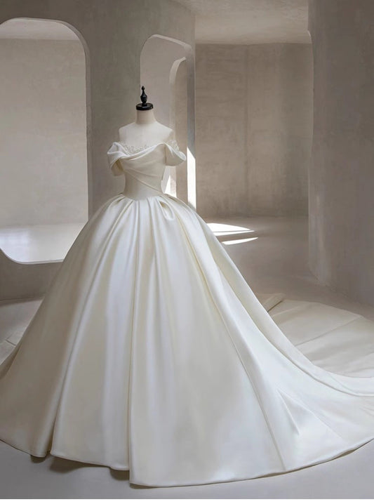 Hermoso vestido de novia blanco de satén largo con hombros descubiertos, DH109
