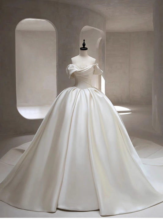 Hermoso vestido de novia blanco de satén largo con hombros descubiertos, DH109