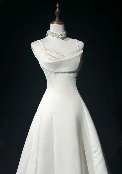 Vestido de novia vintage de los años 60, vestido de fiesta con tirantes finos, sin mangas, satén con cuentas, largo blanco, vestidos de novia elegantes de los años 90 DH1101