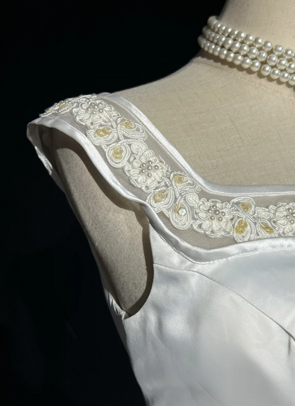 Vestido de novia vintage, vestido de fiesta, escote cuadrado, sin mangas, satén, cuentas, largo, blanco, años 70, elegante, DH1102