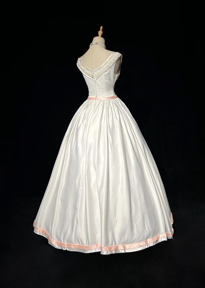 Vestido de novia vintage, vestido de fiesta, escote cuadrado, sin mangas, satén, cuentas, largo, blanco, años 70, elegante, DH1102