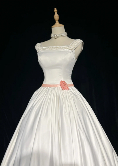 Vestido de novia vintage, vestido de fiesta, escote cuadrado, sin mangas, satén, cuentas, largo, blanco, años 70, elegante, DH1102