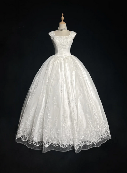 Vestido de novia vintage, vestido de fiesta, escote cuadrado, sin mangas, tul, encaje, largo, blanco, años 70, elegante, DH1104