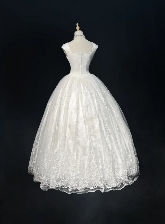 Vestido de novia vintage, vestido de fiesta, escote cuadrado, sin mangas, tul, encaje, largo, blanco, años 70, elegante, DH1104