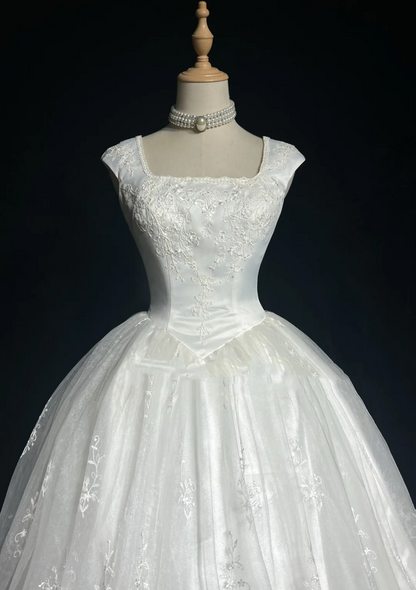Vestido de novia vintage, vestido de fiesta, escote cuadrado, sin mangas, tul, encaje, largo, blanco, años 70, elegante, DH1104