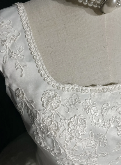 Vestido de novia vintage, vestido de fiesta, escote cuadrado, sin mangas, tul, encaje, largo, blanco, años 70, elegante, DH1104
