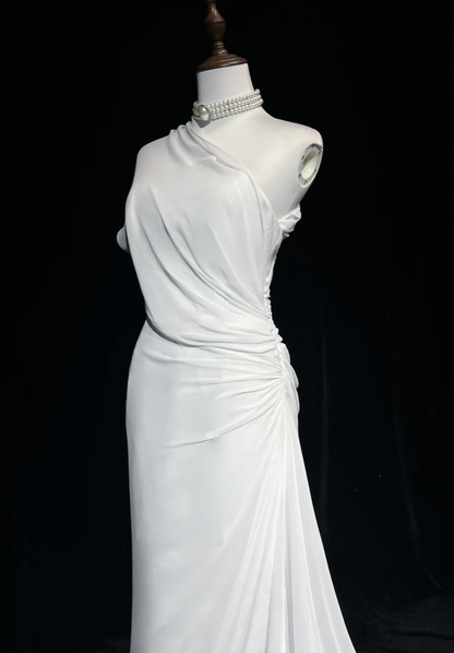 Vestido de novia vintage de los años 60, corte en A, un hombro, de gasa, sin mangas, largo, blanco, años 90, elegante, DH1106