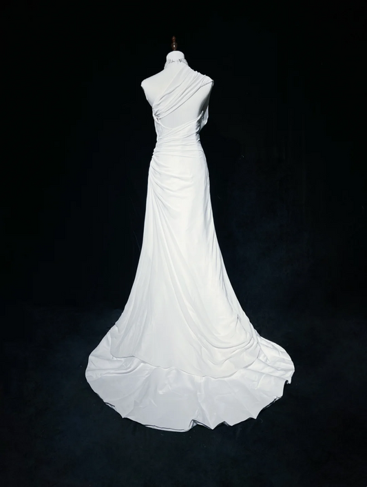 Vestido de novia vintage de los años 60, corte en A, un hombro, de gasa, sin mangas, largo, blanco, años 90, elegante, DH1106